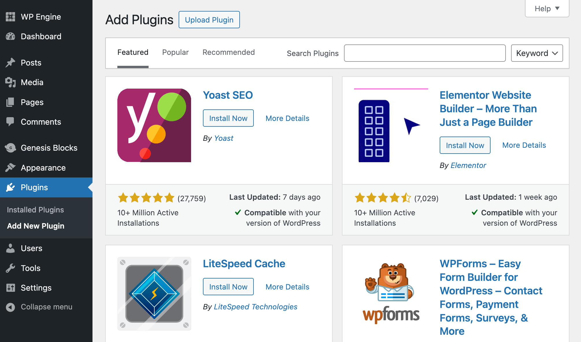 add-plugins page The plugins page with the “Add New Plugin” button at the top.