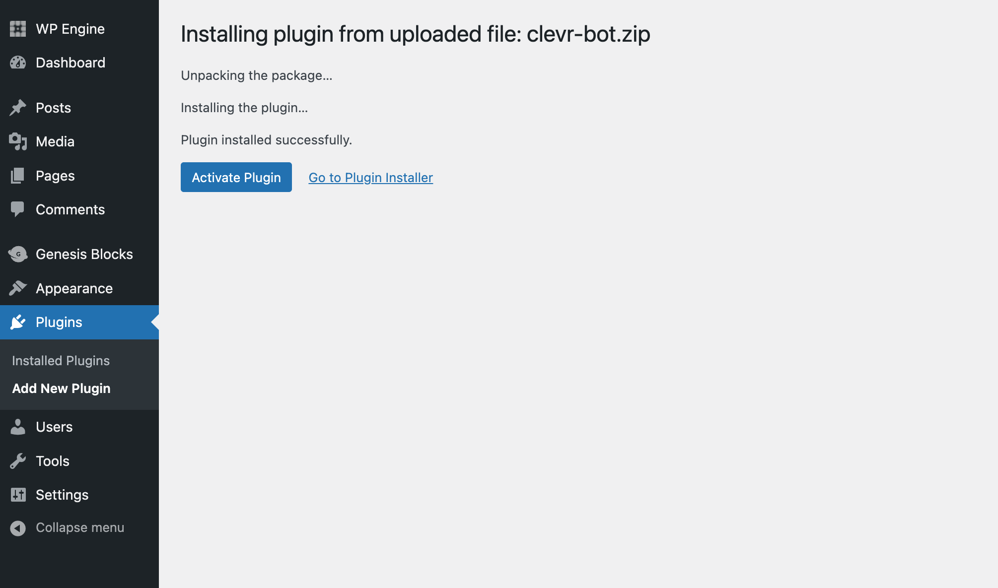plugin installed successfully The plugin installation procedure with the text “Plugin installed successfully” at the end of the steps.