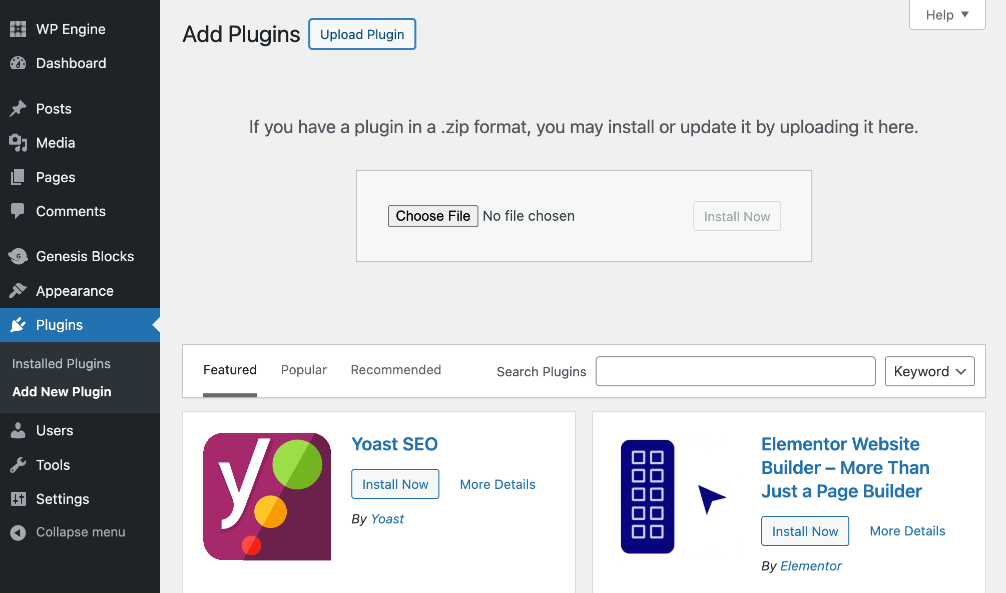 upload plugin The “Add Plugins” page.