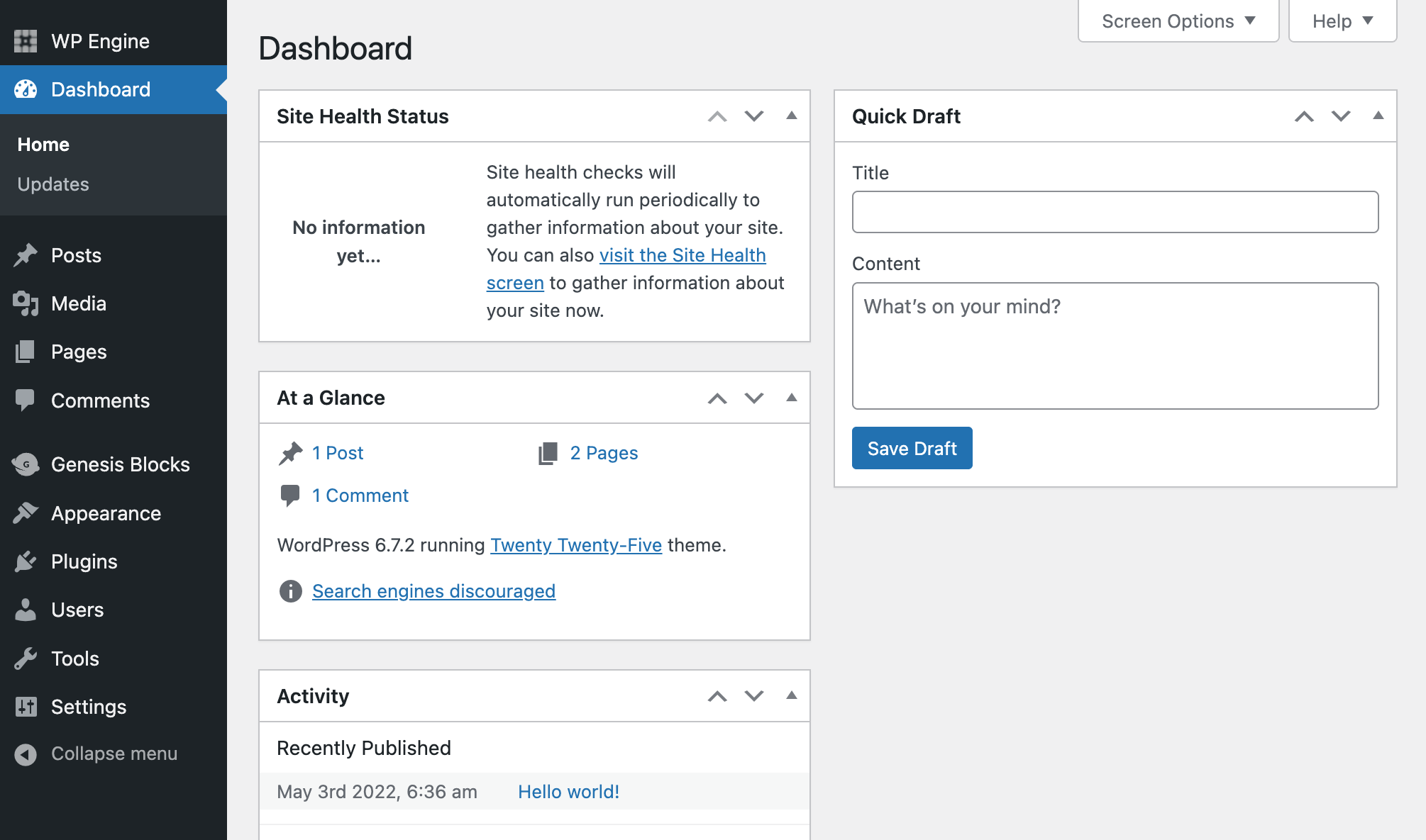 wp-admin The WordPress dashboard page on an example WordPress site.
