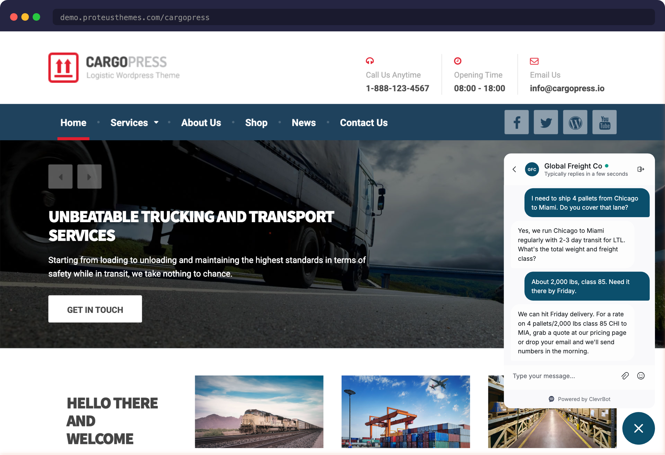 Chatbot for CargoPress theme demo with ClevrBot widget