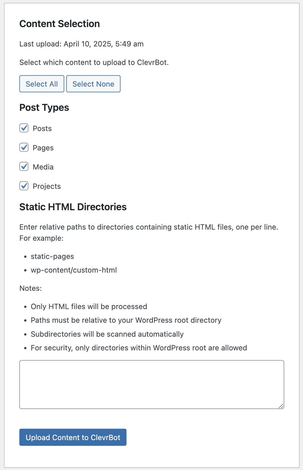 Select content for WordPress chatbot training