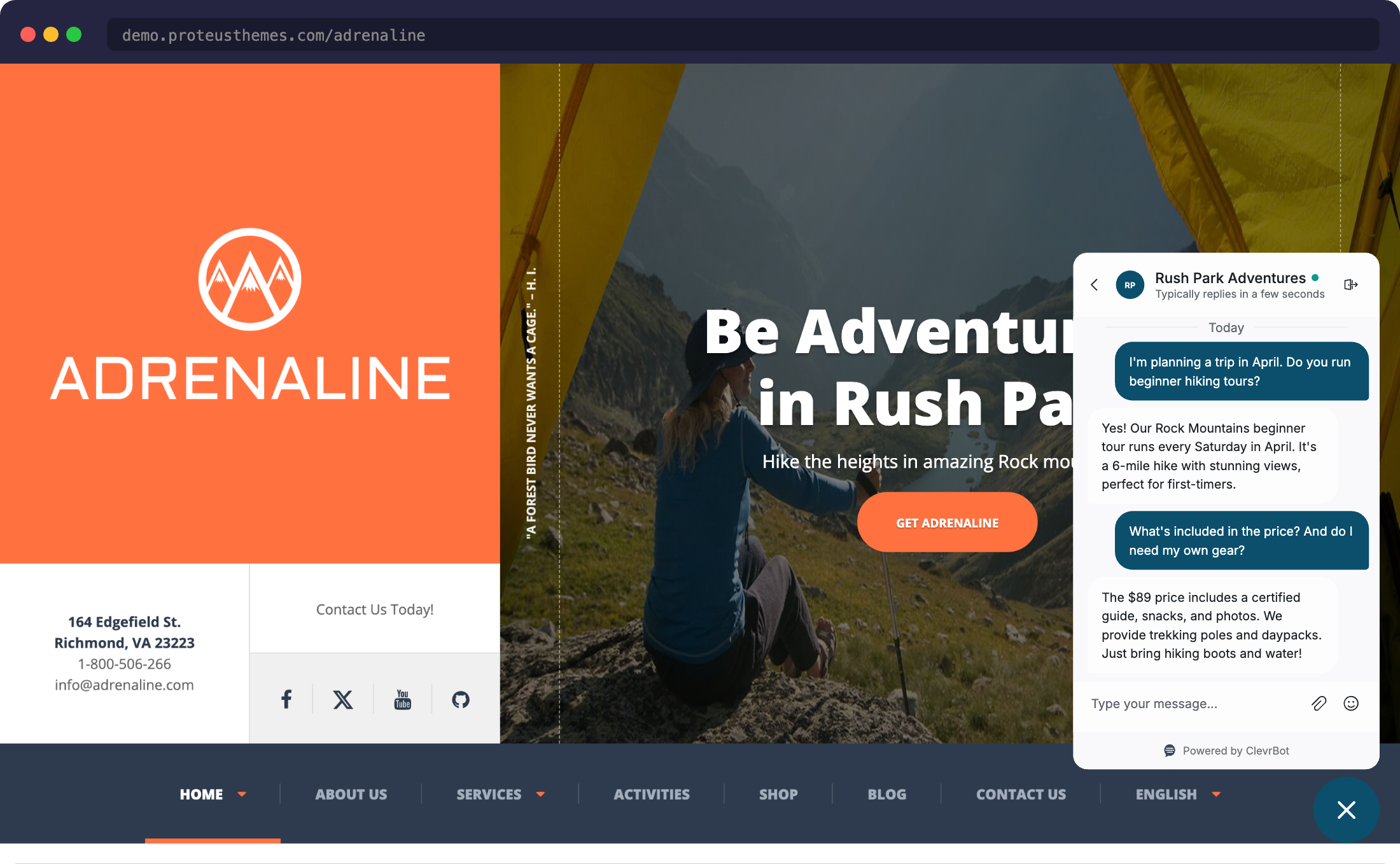 Chatbot for Adrenaline theme answering adventure travel questions