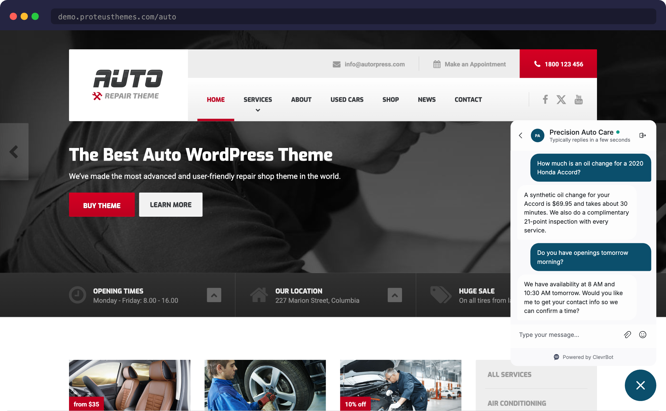 Chatbot for Auto theme showing AI chat widget on car repair website