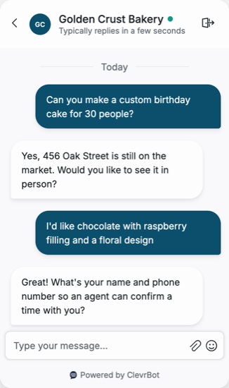 Chatbot for bakeries showing a custom cake order conversation