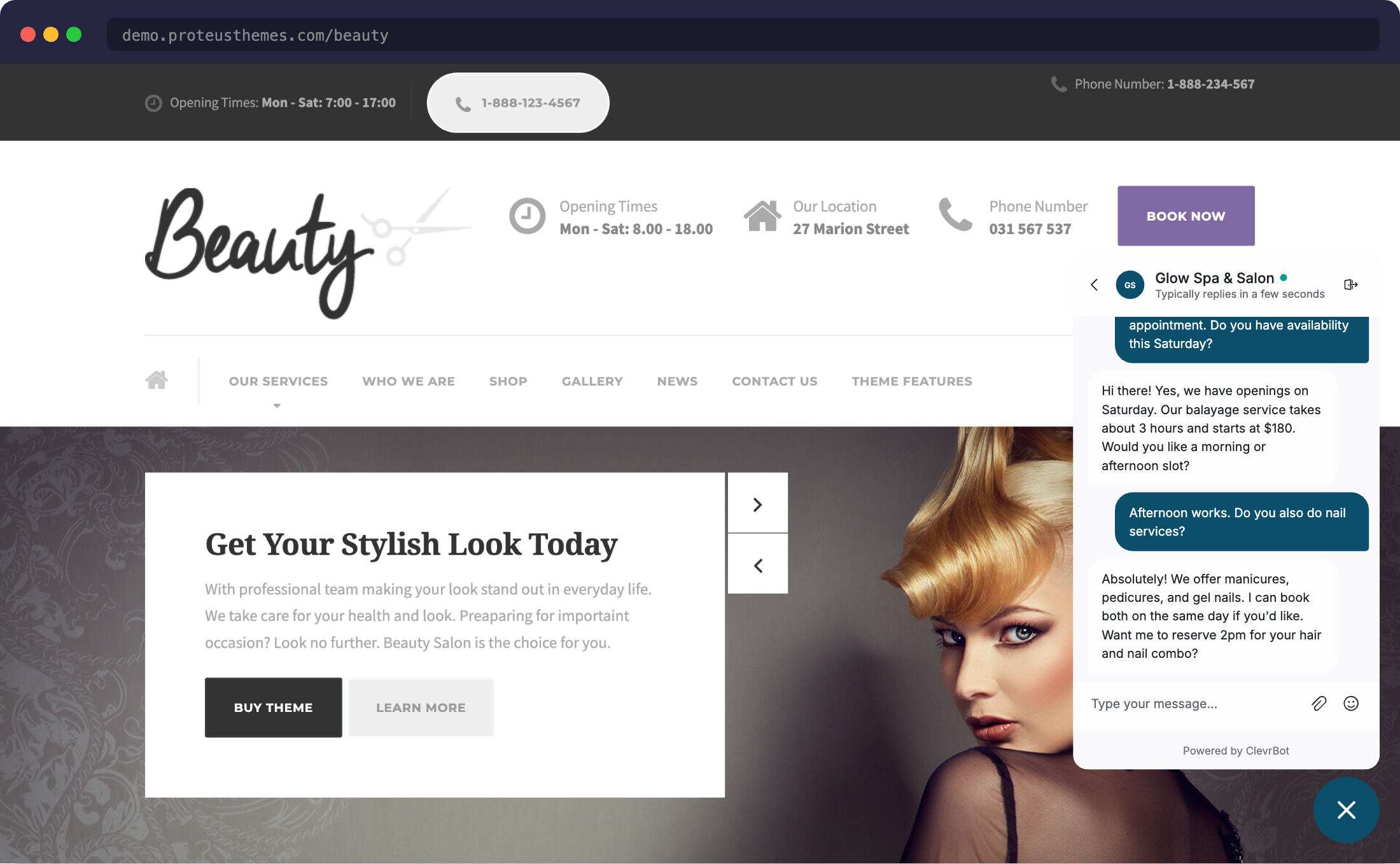 Chatbot for Beauty theme showing chat widget on salon website