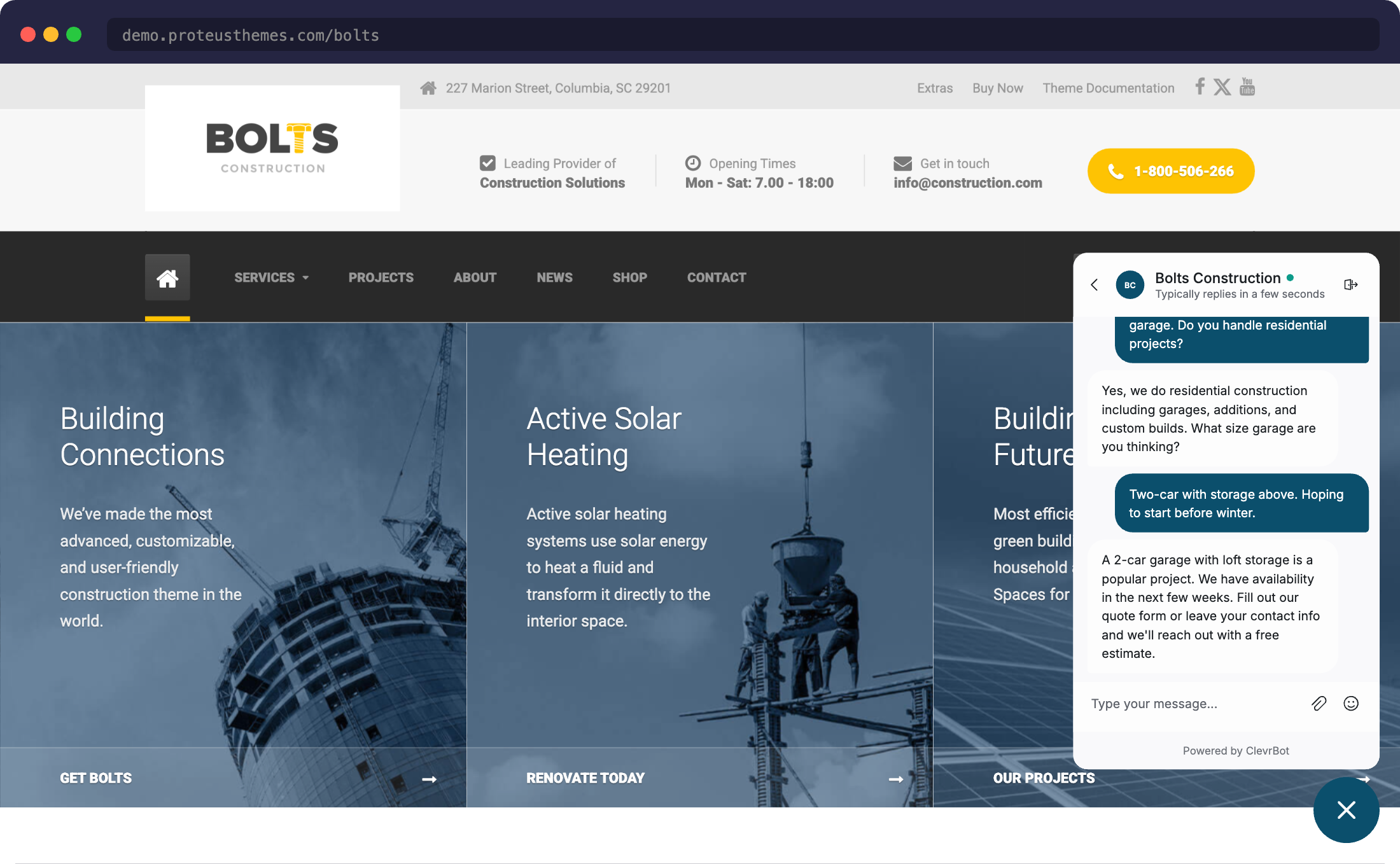 Chatbot for Bolts theme showing AI chat widget answering construction questions