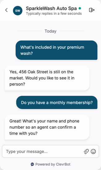 Chatbot for car washes showing a membership inquiry conversation