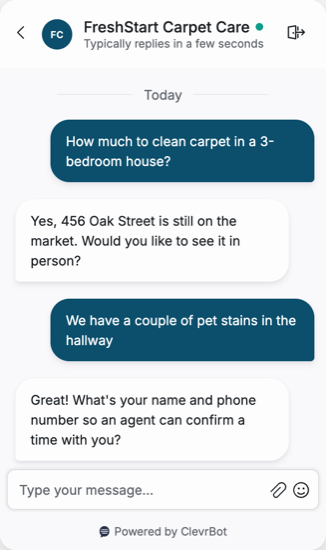 Chatbot for carpet cleaning showing a quote request conversation