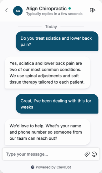 Chatbot for chiropractors showing a patient lead qualification conversation