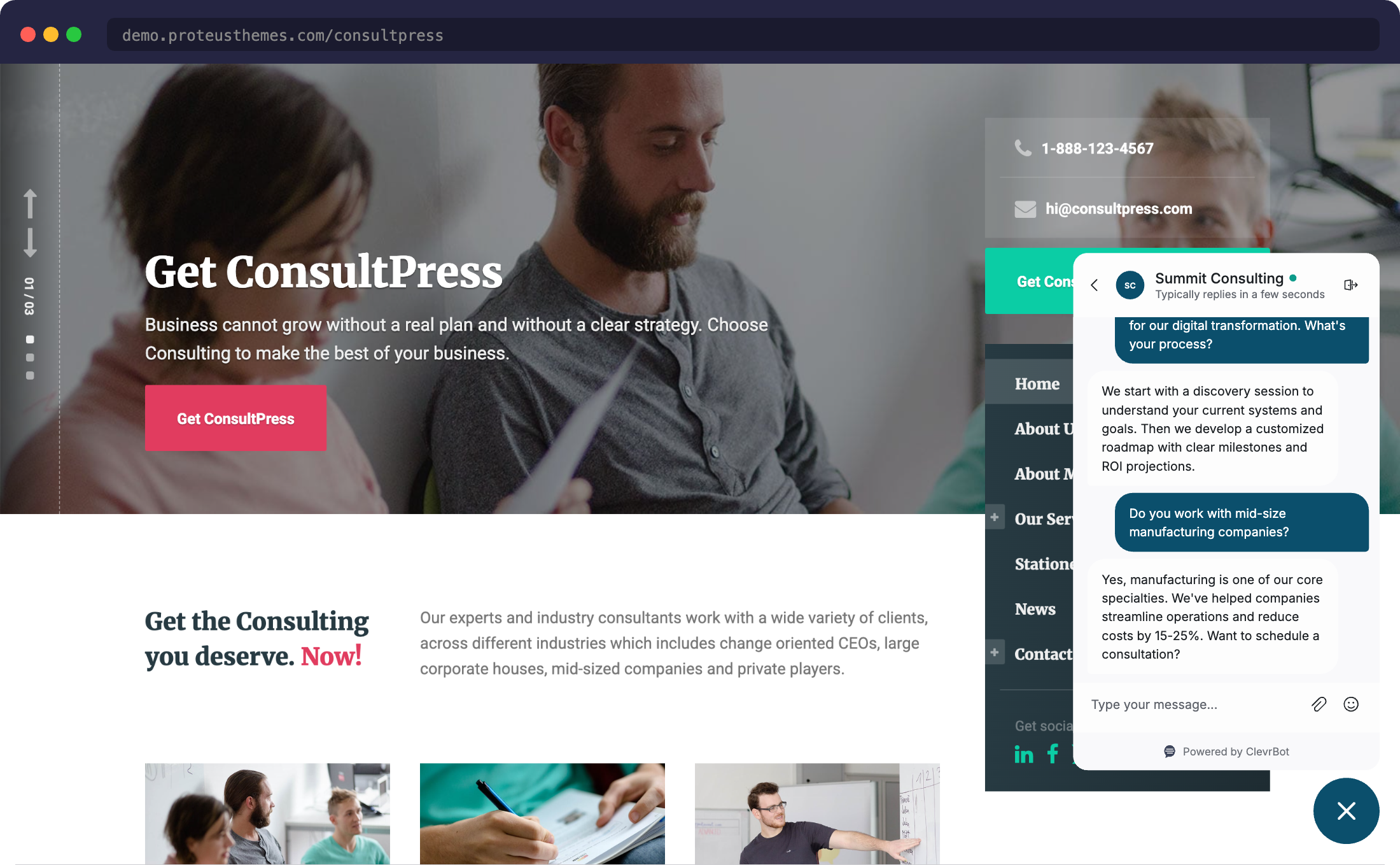Chatbot for ConsultPress theme demo with ClevrBot widget
