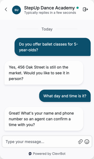 Chatbot for dance studios showing a class inquiry conversation