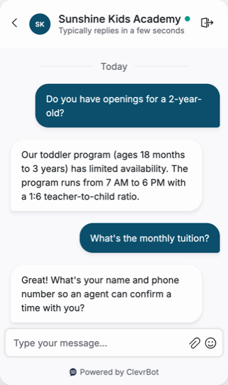 Chatbot for daycare showing an enrollment inquiry conversation