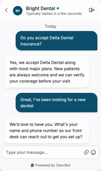 Chatbot for dental practices showing a new patient qualification conversation