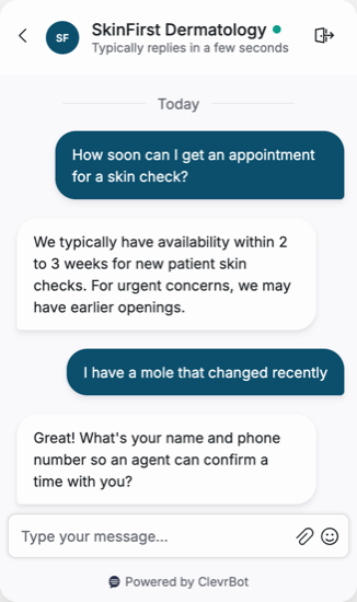 Chatbot for dermatologists showing an appointment request conversation