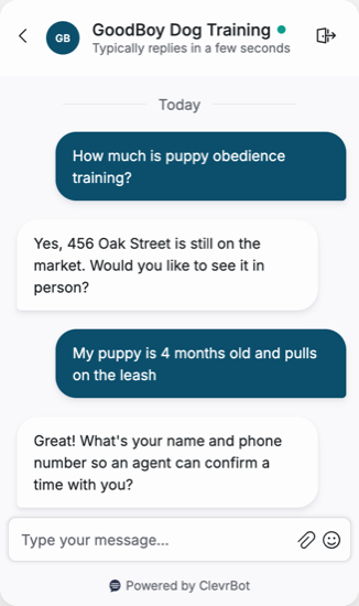 Chatbot for dog training showing a program inquiry conversation