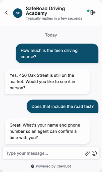 Chatbot for driving schools showing a course inquiry conversation