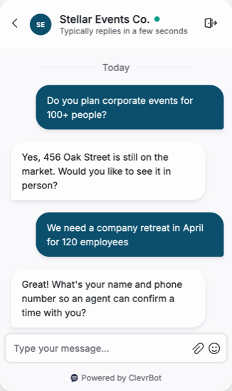 Chatbot for event planners showing a corporate event inquiry