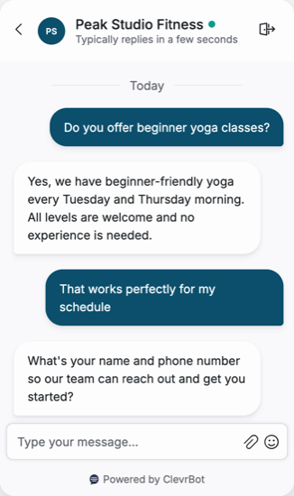Chatbot for fitness studios showing a lead qualification conversation