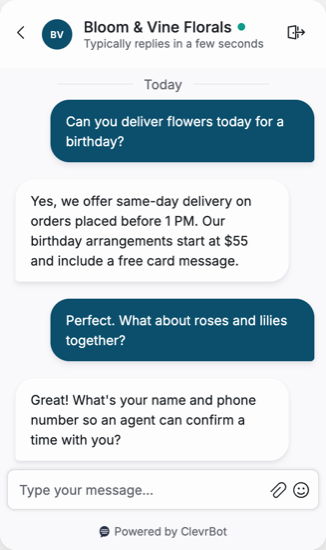 Chatbot for florists showing a delivery and arrangement conversation