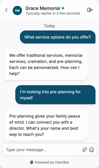 Chatbot for funeral homes showing a compassionate service conversation