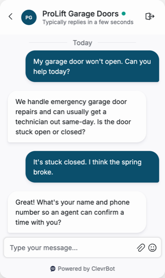 Chatbot for garage door repair showing an emergency service conversation