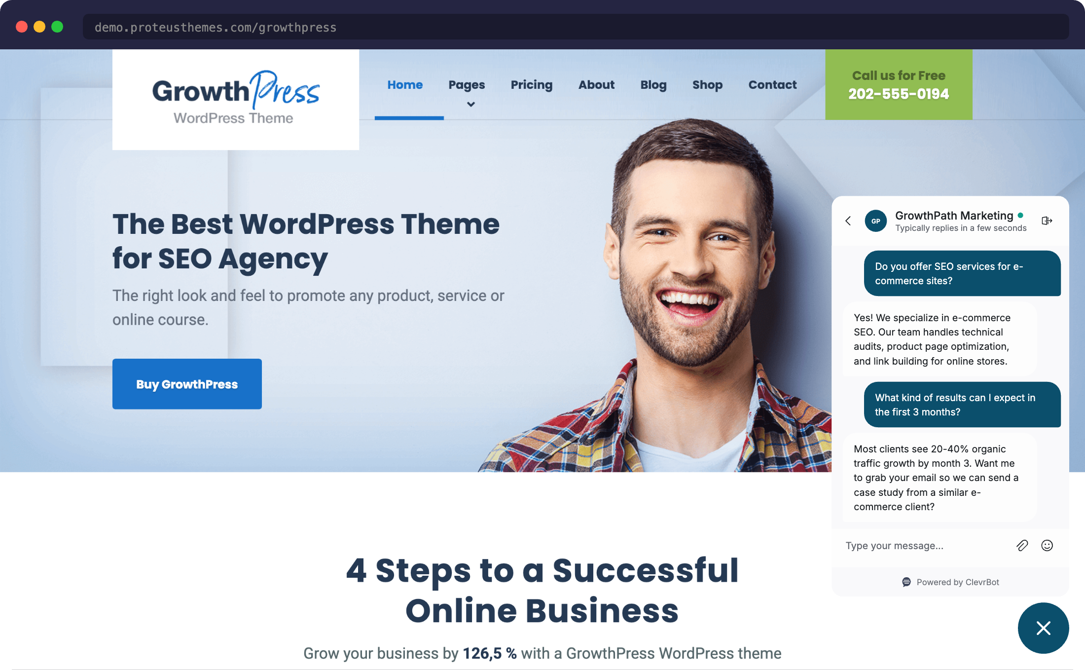 Chatbot for GrowthPress - ClevrBot widget answering marketing agency questions