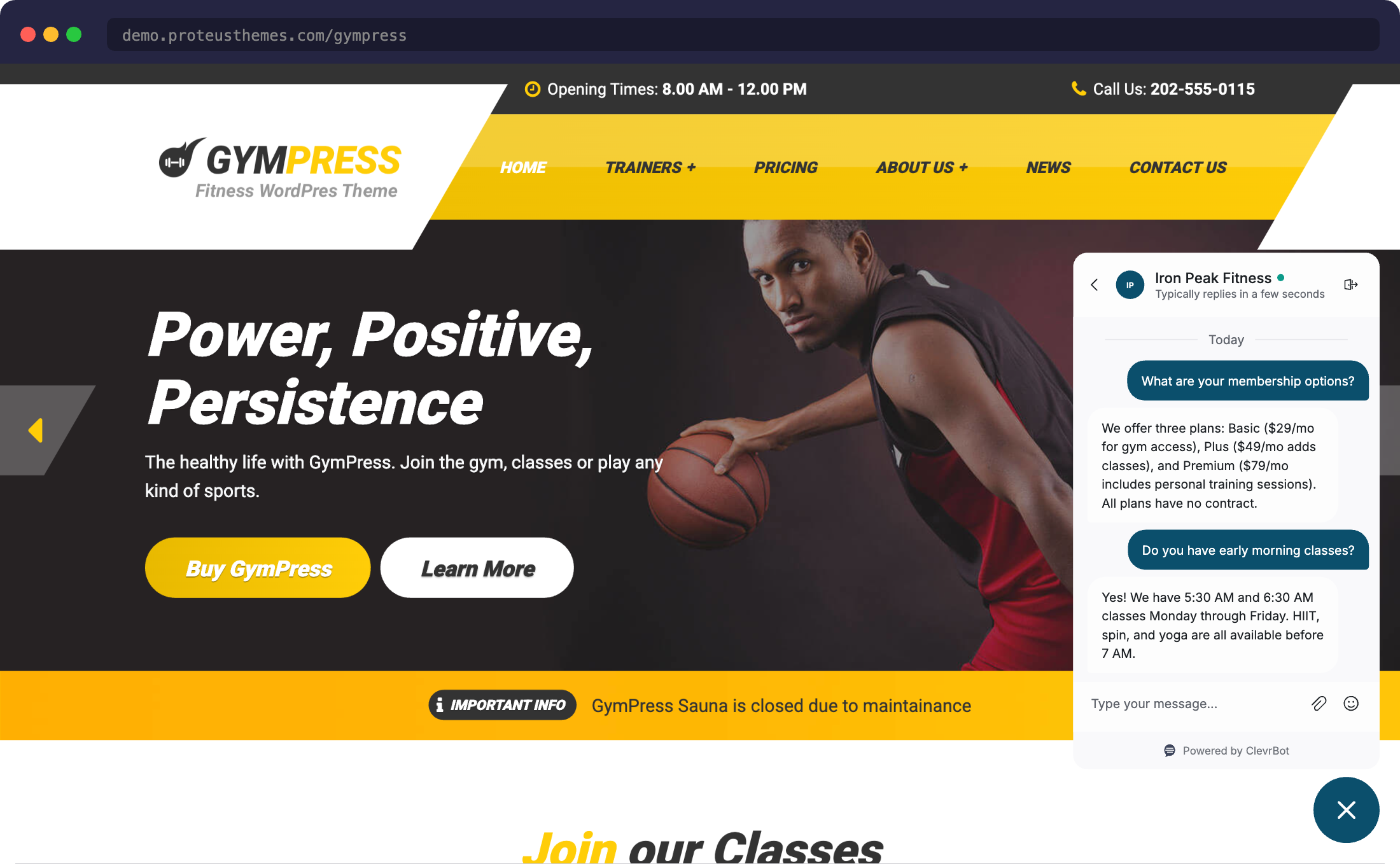 Chatbot for GymPress - ClevrBot widget demo