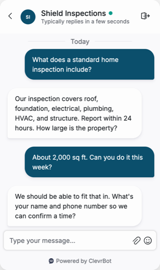 Chatbot for home inspectors showing a scheduling conversation