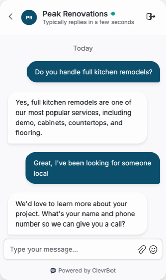 Chatbot for home remodeling companies showing a lead qualification conversation