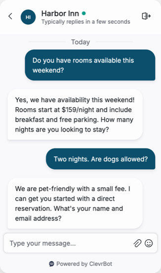 Chatbot for hotels showing a room availability conversation