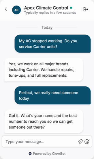 Chatbot for HVAC companies showing a lead qualification conversation