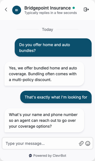 Chatbot for insurance agents showing a lead qualification conversation
