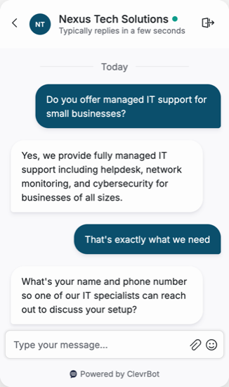 Chatbot for IT services showing a lead qualification conversation