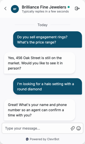 Chatbot for jewelry stores showing an engagement ring inquiry