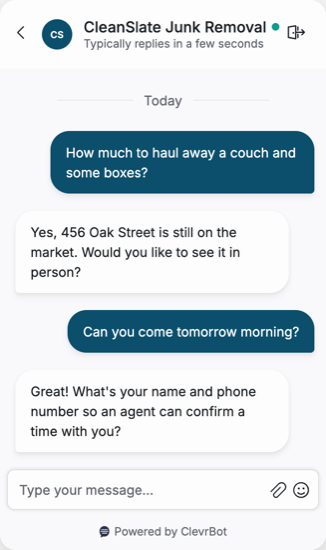 Chatbot for junk removal showing a pickup request conversation