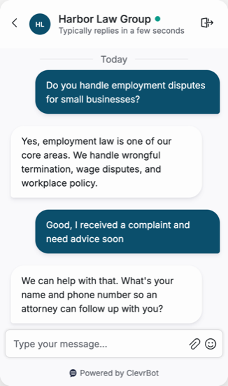 Chatbot for law firms showing a prospective client lead qualification conversation