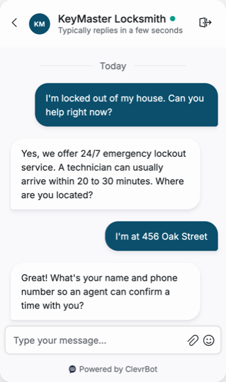 Chatbot for locksmiths showing an emergency lockout conversation