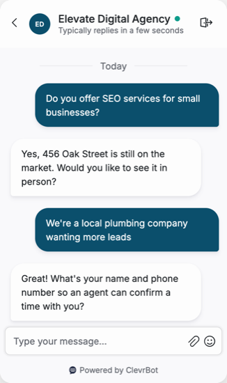 Chatbot for marketing agencies showing a service inquiry conversation