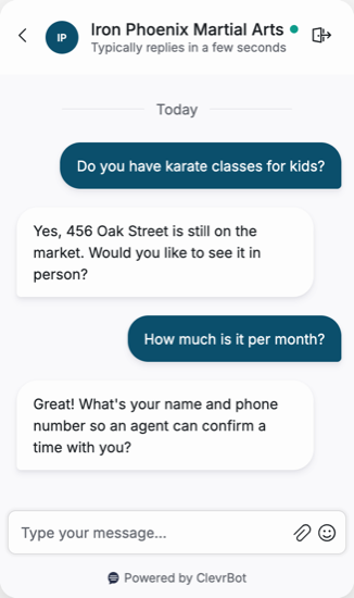 Chatbot for martial arts showing a kids program inquiry