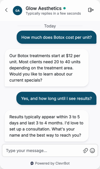 Chatbot for medical spas showing a treatment pricing conversation