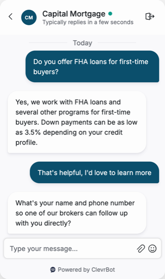 Chatbot for mortgage brokers showing a lead qualification conversation