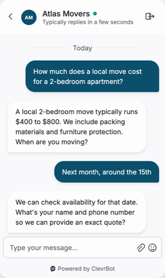 Chatbot for moving companies showing a quote request conversation
