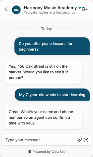 Chatbot for music schools showing a lesson inquiry conversation