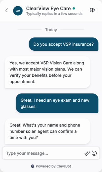 Chatbot for optometrists showing an insurance and appointment conversation