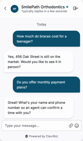 Chatbot for orthodontists showing a treatment inquiry conversation