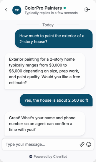 Chatbot for painting companies showing an estimate request conversation