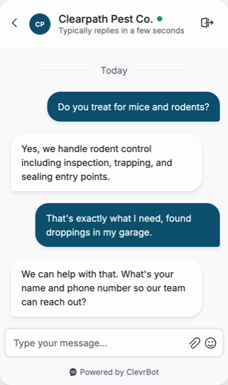 Chatbot for pest control companies showing a lead qualification conversation