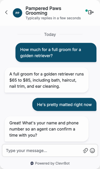 Chatbot for pet grooming showing a pricing and booking conversation
