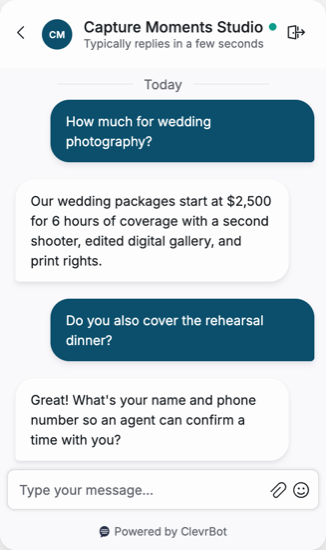 Chatbot for photography studios showing a wedding package conversation